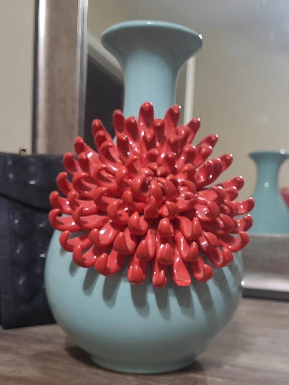 Anthropologie Celadon Blue Ceramic Vase with Red Chrysanthemum